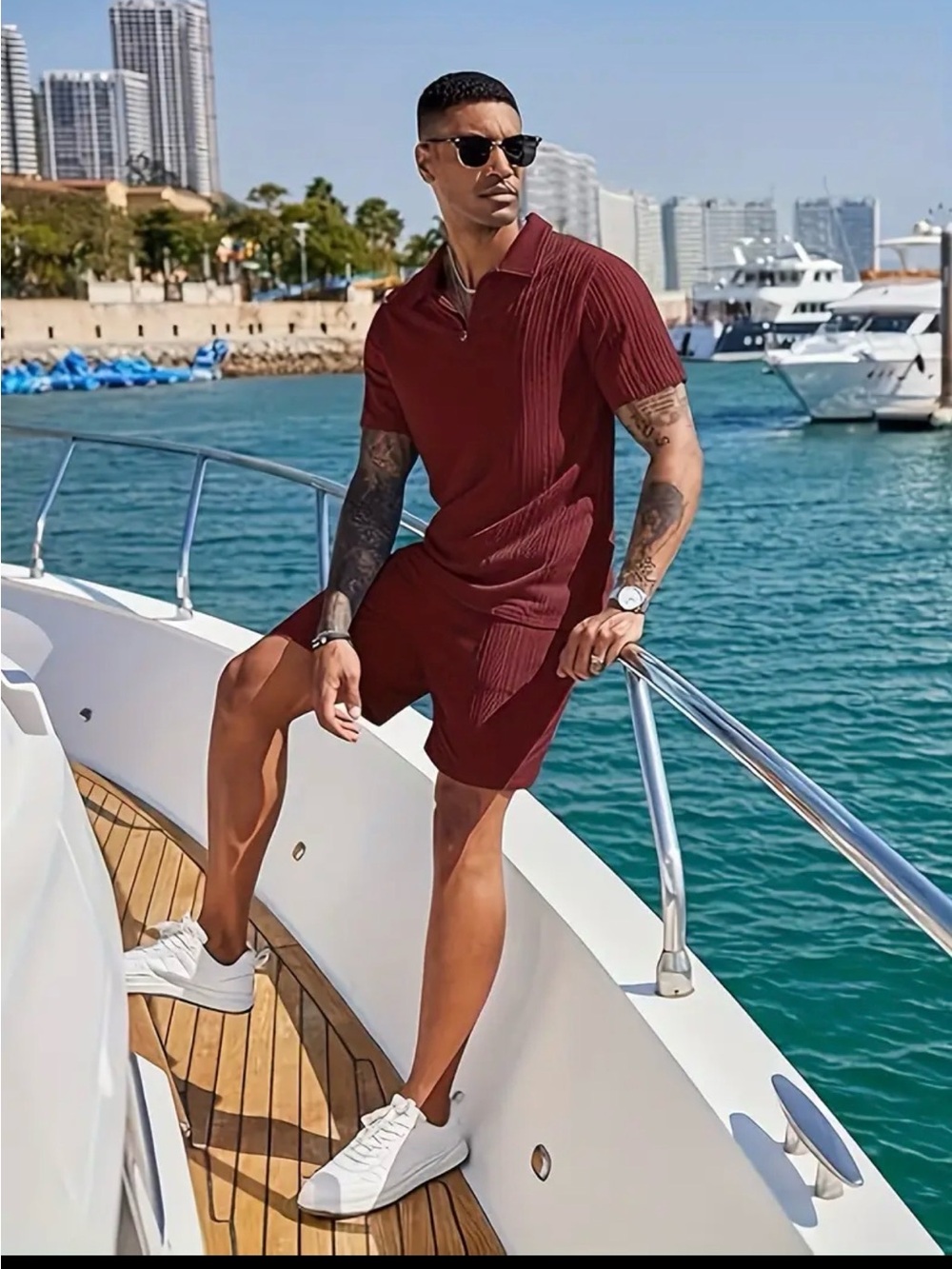 Men's Ribbed Polo & Shorts Set in Deep Burgundy